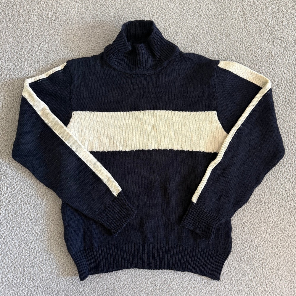 Celtic Co Wool Made in England Navy Blue Turtleneck Sweater Large Cream Stripe
